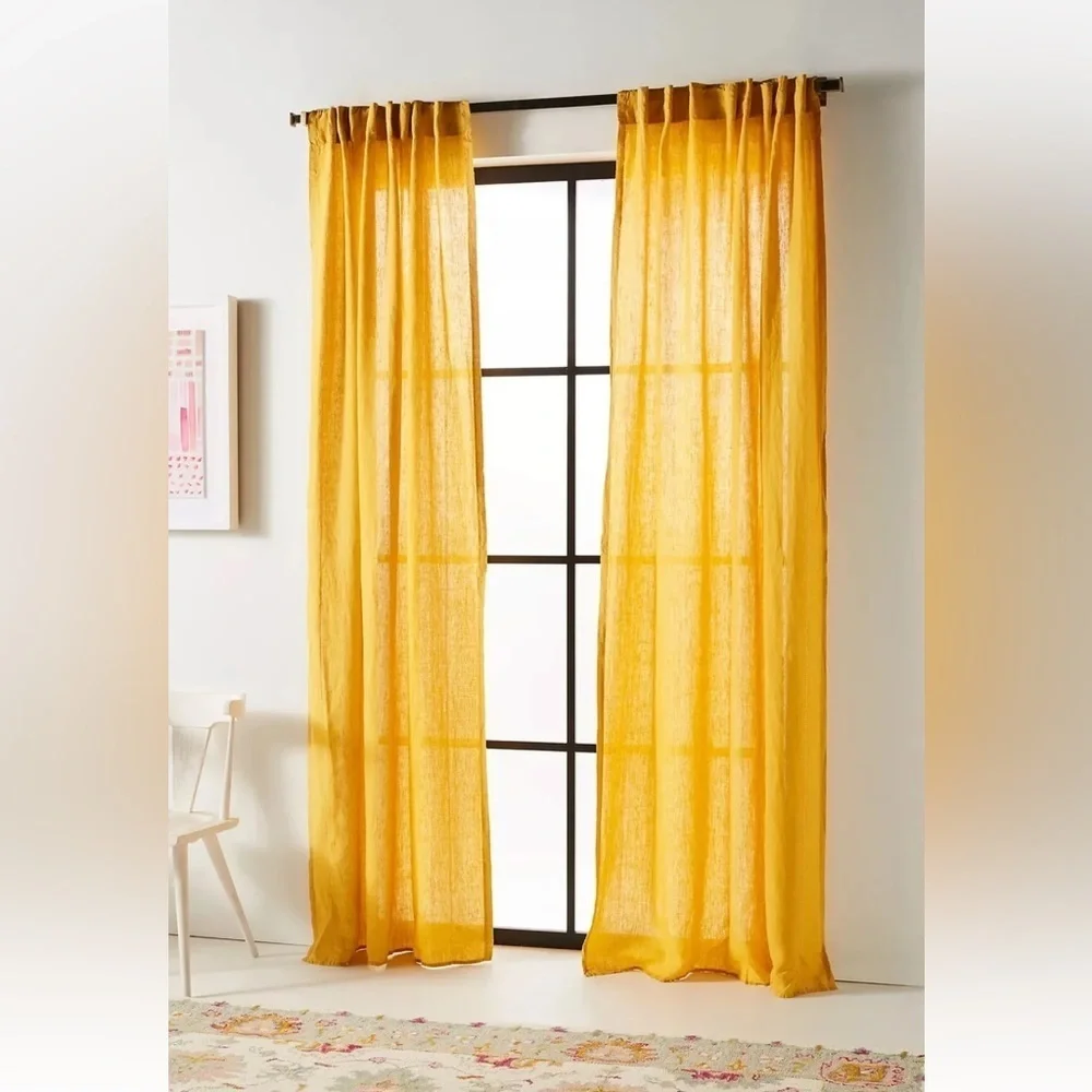 Anthropologie Stitched Linen Curtain Set of 2 NEW